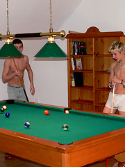 Duo teen boys Arpad and Zoltan play snooker nude