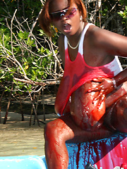 Sticky ketchup mess for black big titted chick