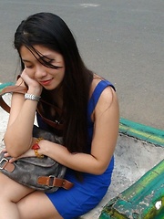 Young Filipina girl in blue dress drains cum from foreign cock