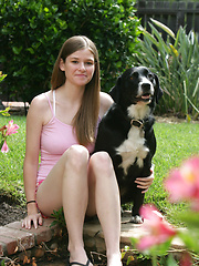 Amateur teenie Lara Brookes posing on the backyard