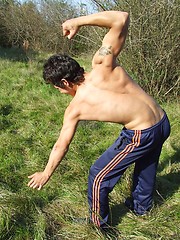 Twink with sexy perfect body stripping outdoors